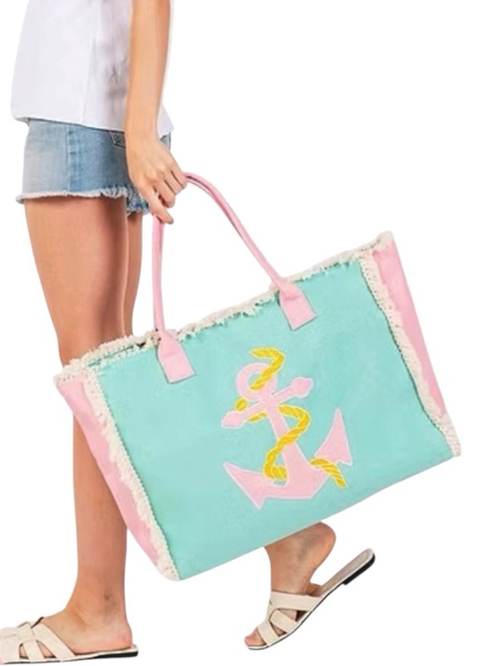 High Heels on the High Road Handbags - Pink Embroidered Anchor Rope Nautical Cream Fringe Trim 17.5" Tote Beach Bag